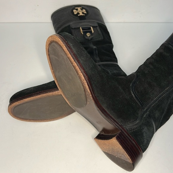 Tory Burch Boots Black Leather Suede Mid Calf Side Zip Logo Women’s Size 8.5 - Picture 8 of 16